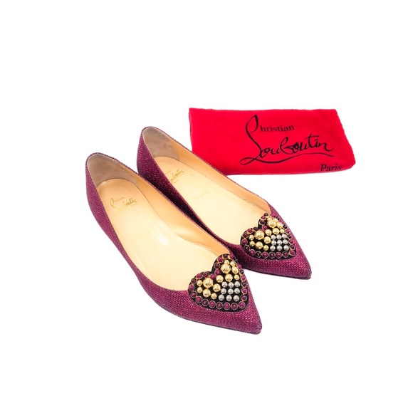 Christian Louboutin Burgundy Gold Heart Studded Pointed Toe Flats Shoes EU 36.5 - Picture 1 of 9
